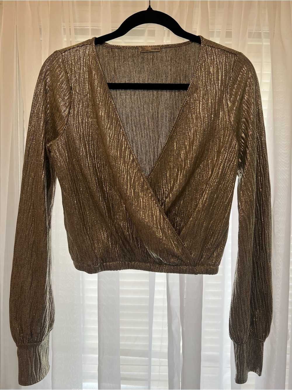 Zara Metallic Gold Wrap-Front Long Sleeve Blouse